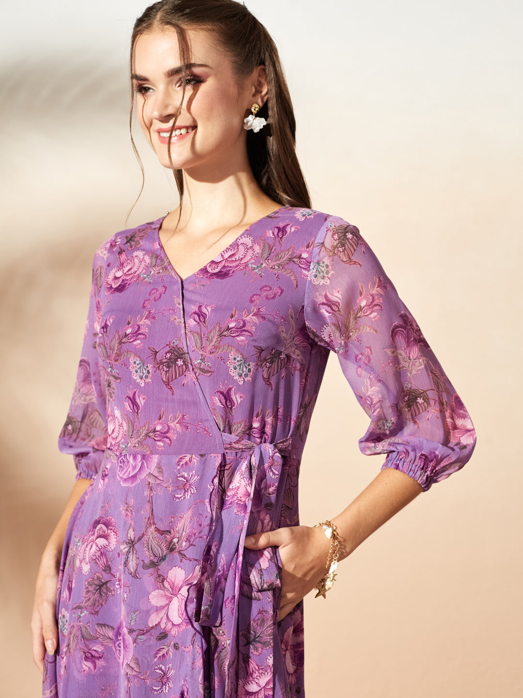 Women’s Multicolored Lavender Floral V-Neck 3/4 Sleeve Wrap Chiffon Midi Dress for Women