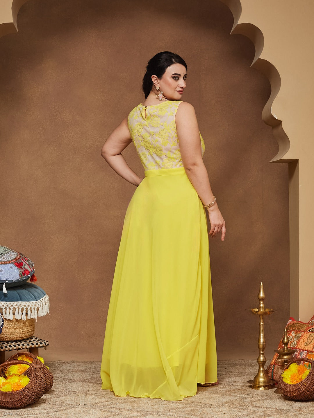 Light Yellow Round Neck Sleeveless Georgette & Lace Floral Fit & Flare Maxi Dress for Women — Miss Chase A+
