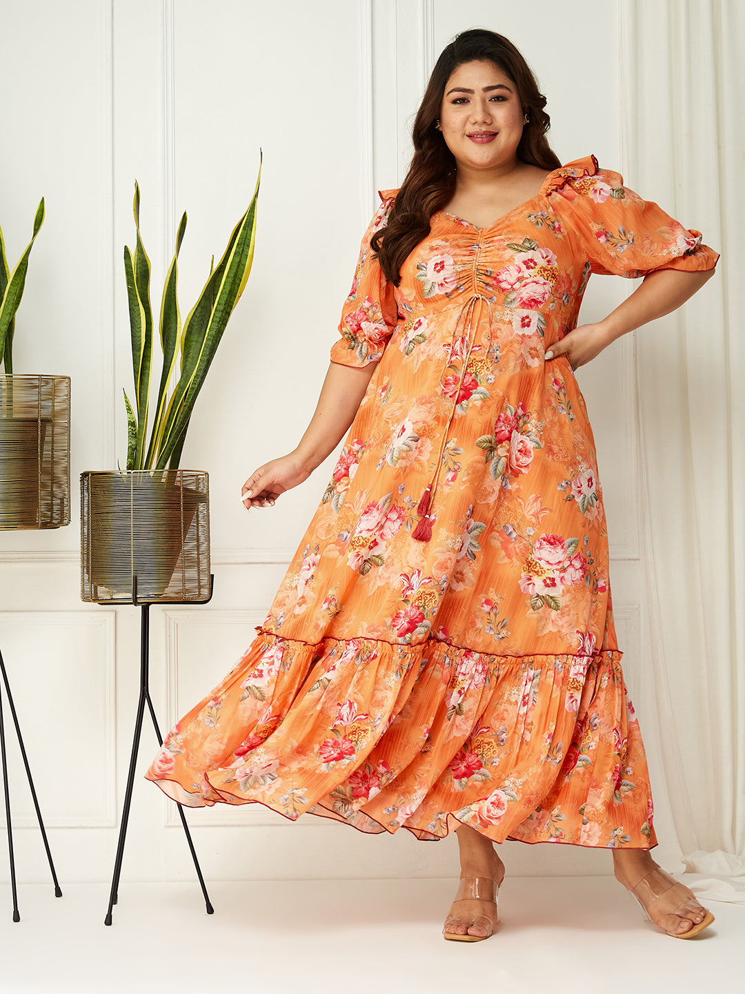 Women's Multicolored-Base-Orange V-Neck Puff Sleeve Floral Ruching Ankle-Length Dress