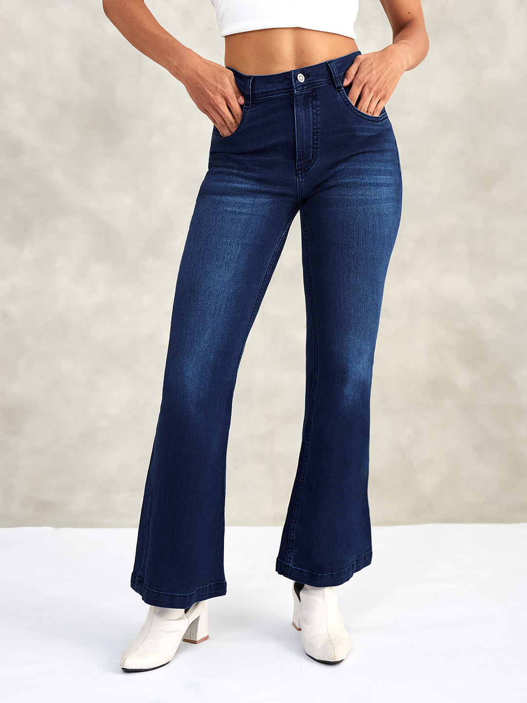 Women's Navy Blue High-Rise Stretchable Flared Denim Jeans