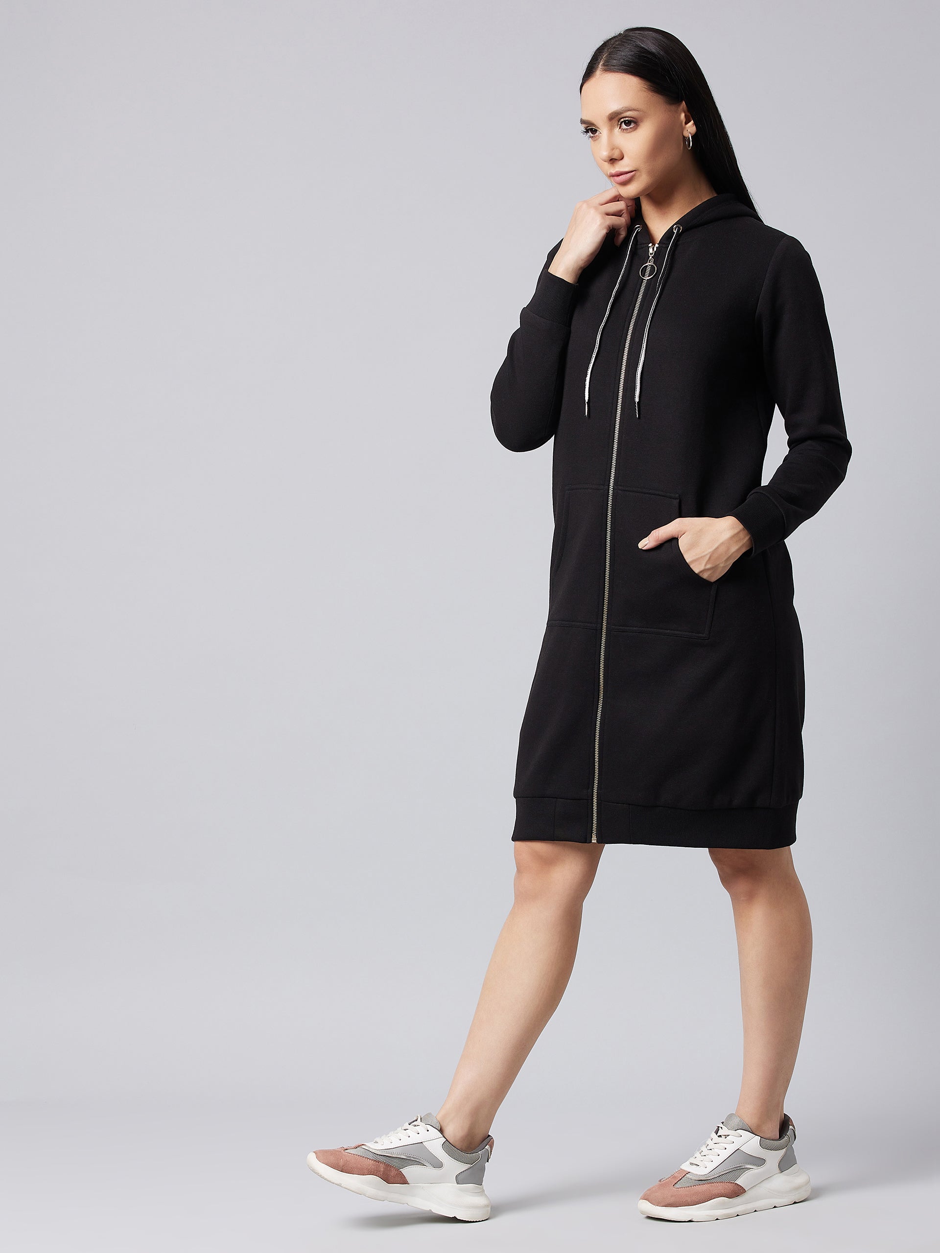 Women's Black Hooded Full Sleeve Solid Knee Length Dress