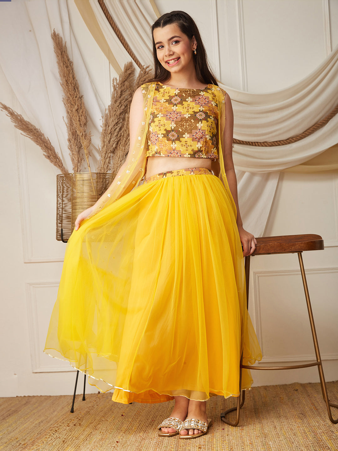 Multicolored-Base-Mustard Boat-Neck Sleeveless Embellished Fit & Flare Regular Fusion Set