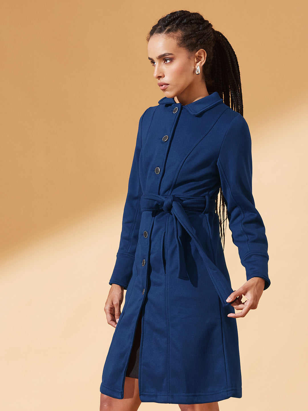 Navy-Blue Collared Full Sleeve Solid Tie-up Longline Jacket for Women
