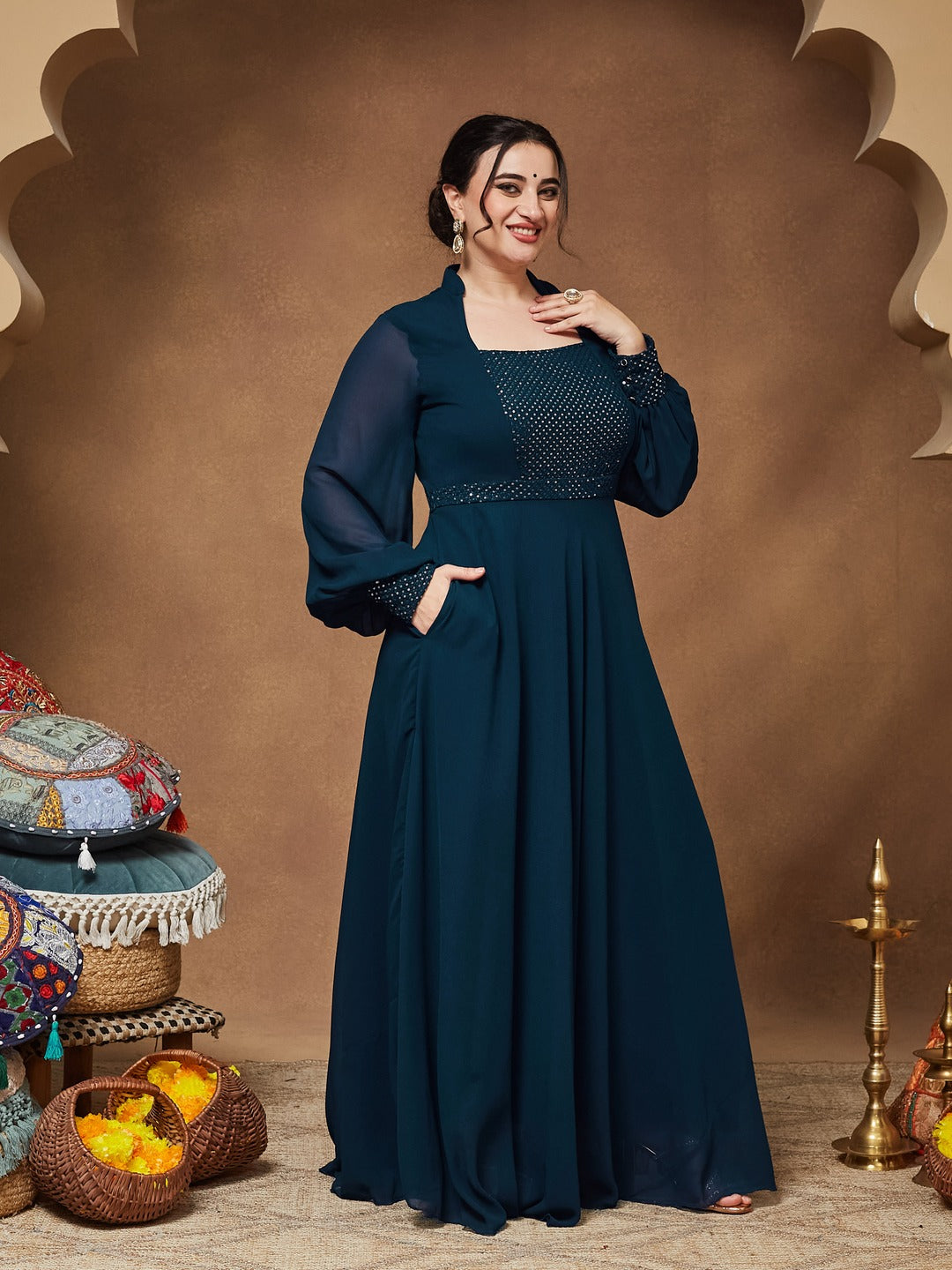 Teal Mandarin-Collar Bishop Sleeve Embellished Panelled Georgette Maxi Dress for Women — Miss Chase A+