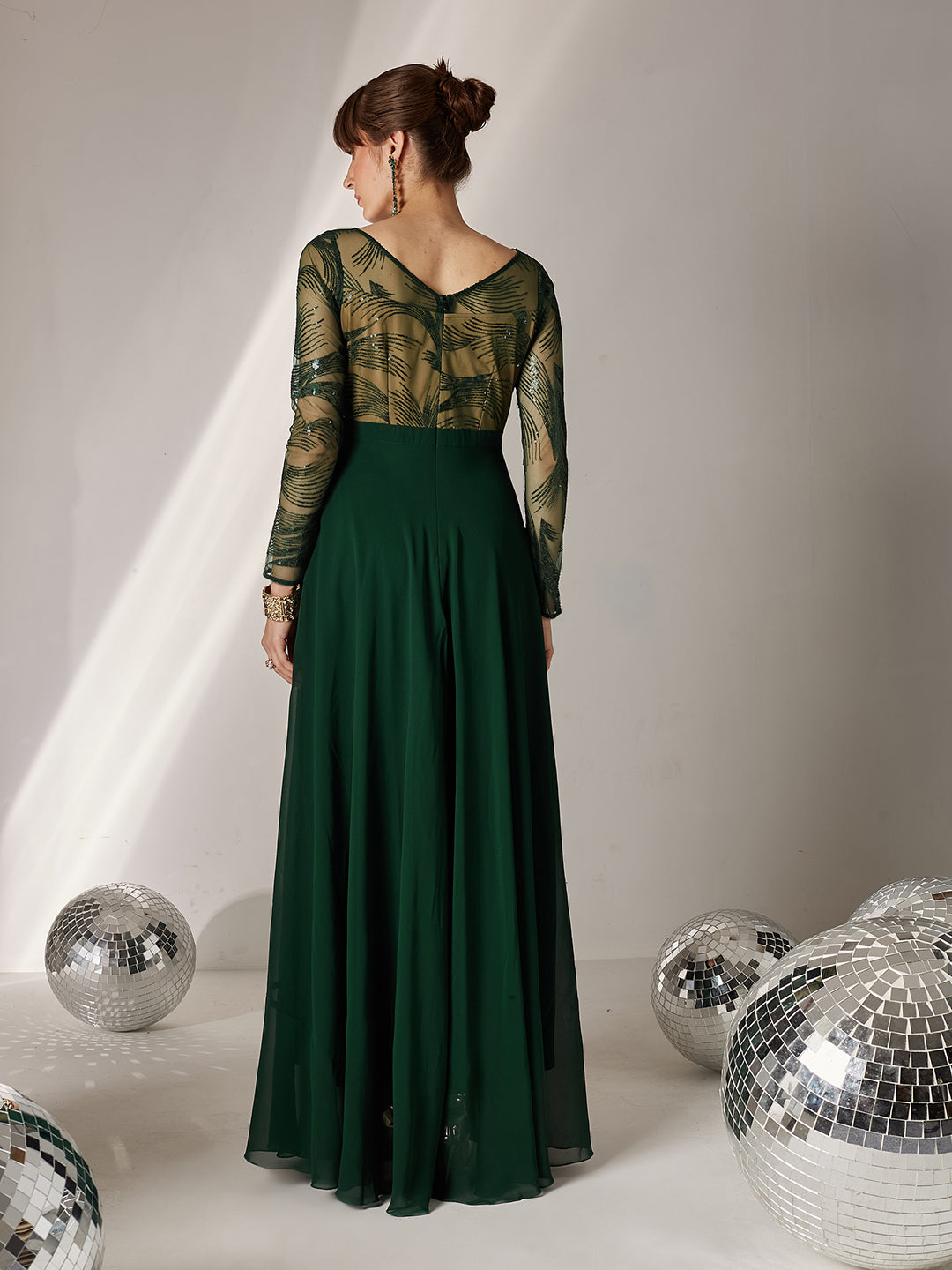 Women's Green & Beige Solid Embellished Maxi Dress