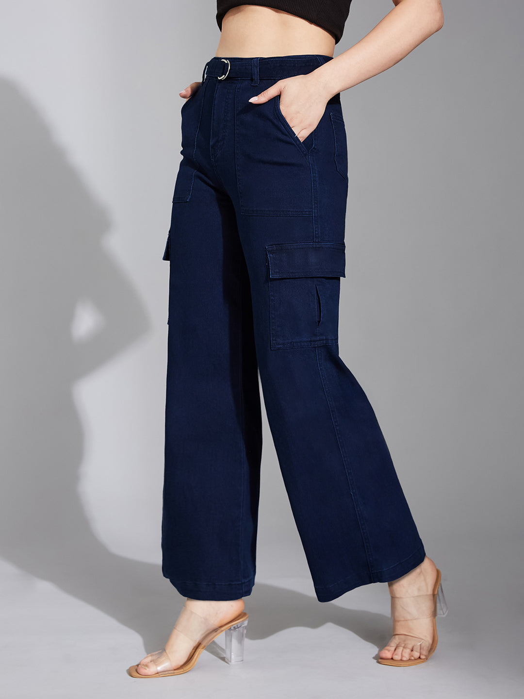 Women's Navy Blue Wide-Leg High-Rise Clean-Look Regular Stretchable Cargo Denim Jeans