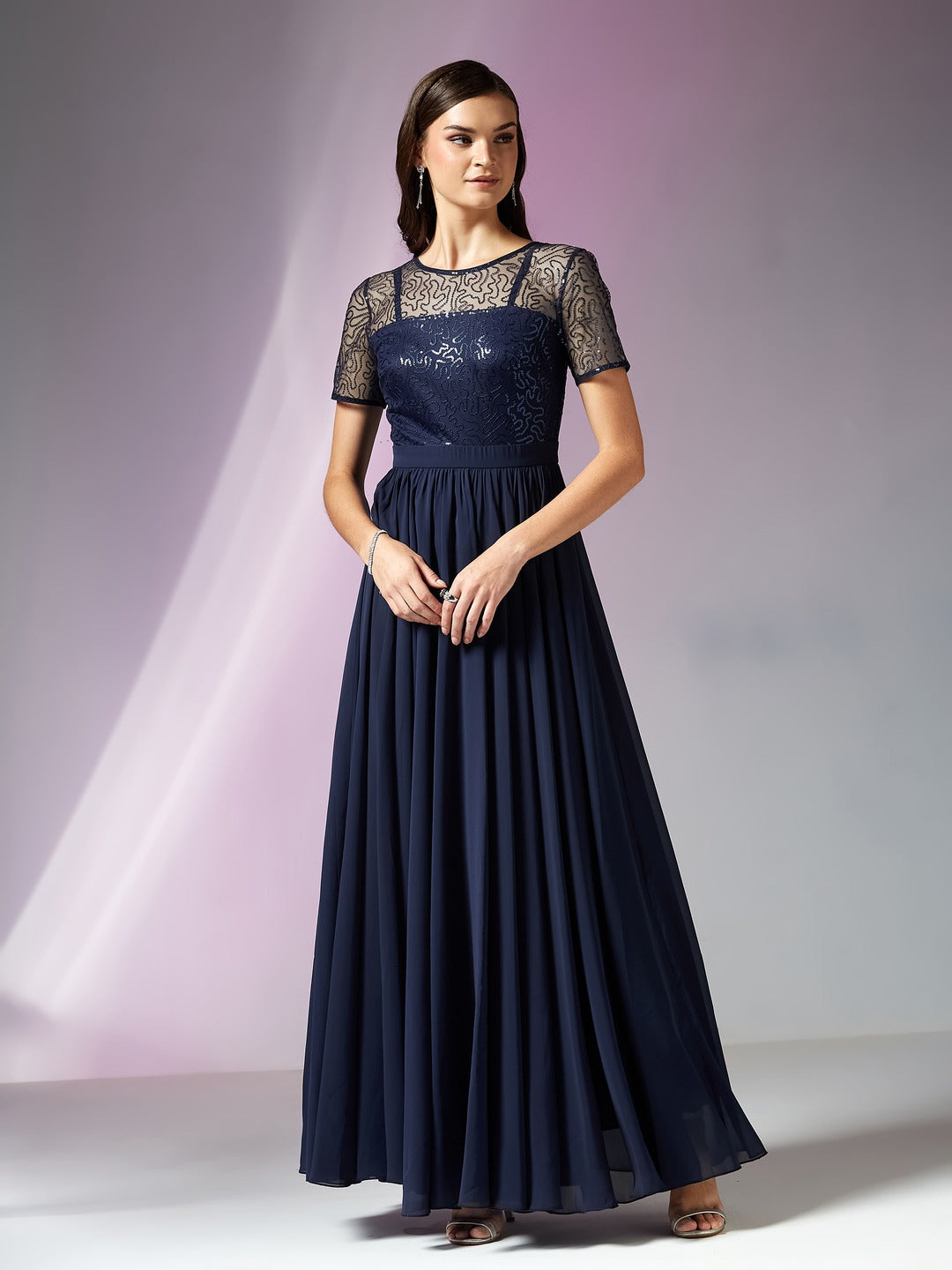 Navy-Blue Relaxed Fit Maxi Georgette & Sequins Dress for Women
