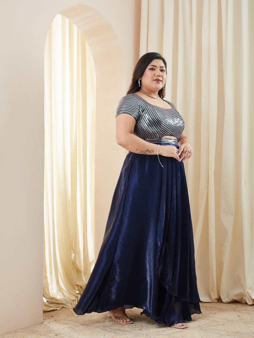 Navy Blue Sweetheart Embellished Gown in Premium Pleated Satin for Women