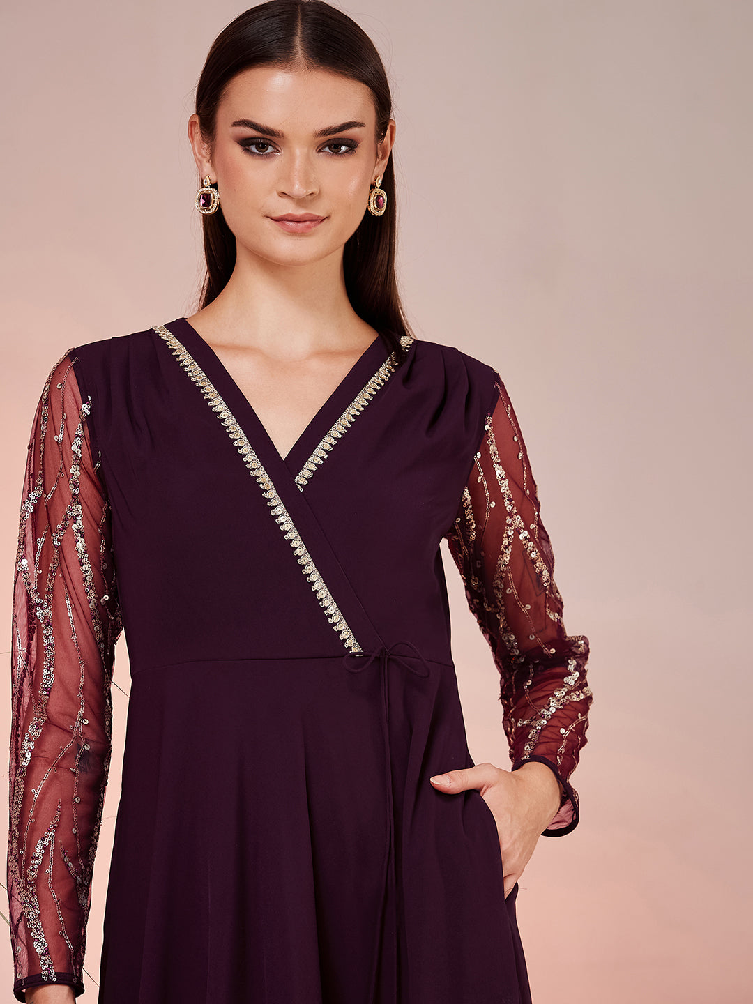 Dark Purple V-Neck Full Sleeve Embellished Fit & Flare Maxi Georgette Ethnic Dress for Women — Miss Chase