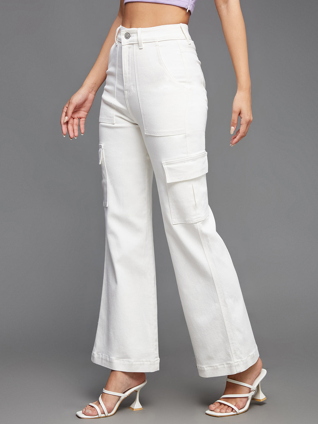 Women's White Wide-Leg High-Rise Clean-Look Regular-Length Stretchable Denim Jeans