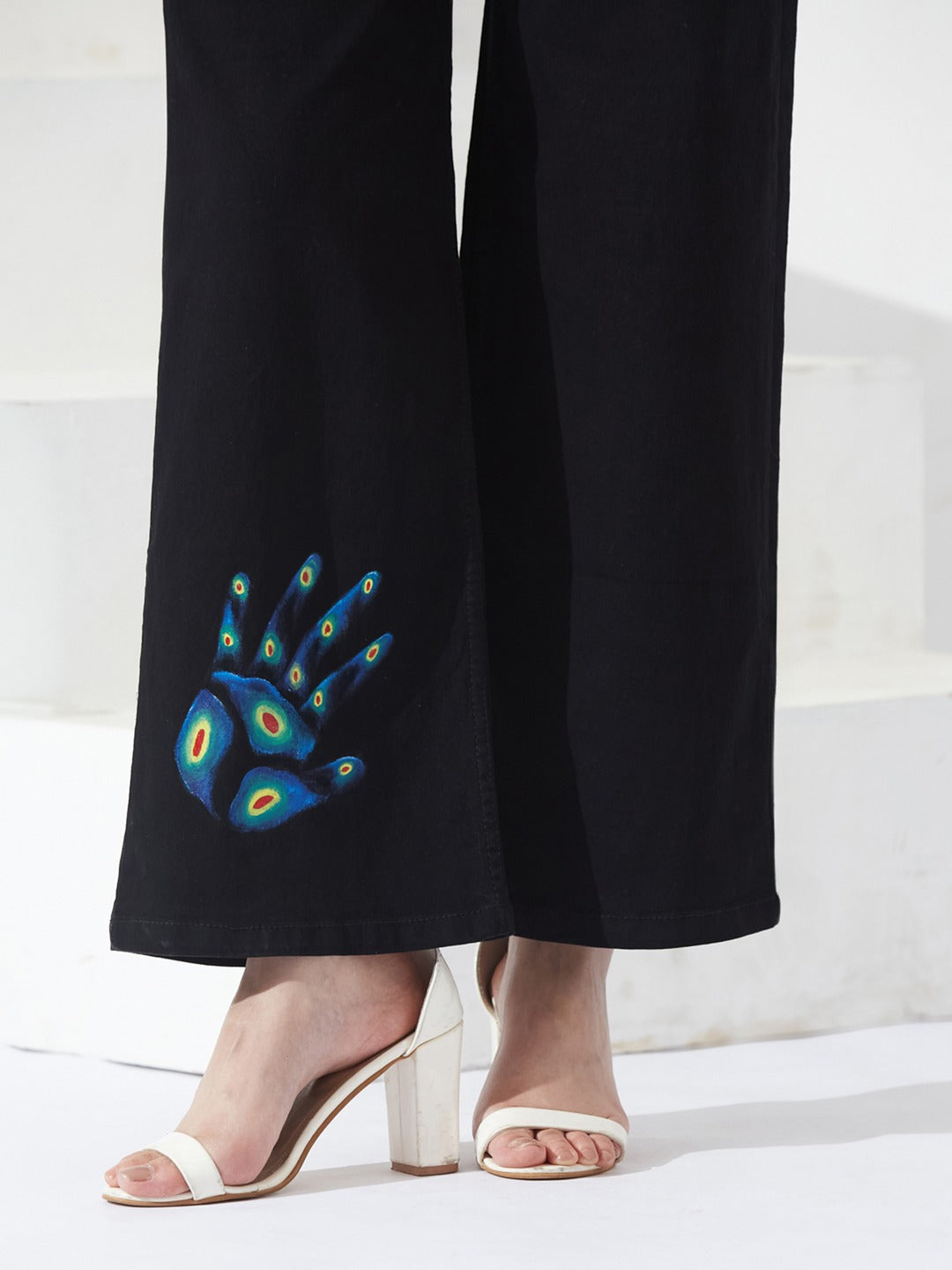 Black Wide Leg high-rise Hand Painted Skeleton Art Stretchable Denim Jeans for Women