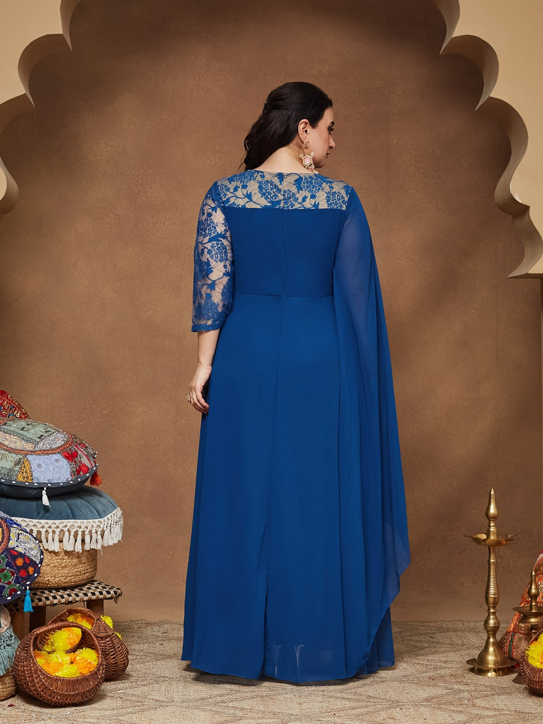 Royal Blue V-Neck Asymmetric Embellished Maxi Georgette Dress for Women