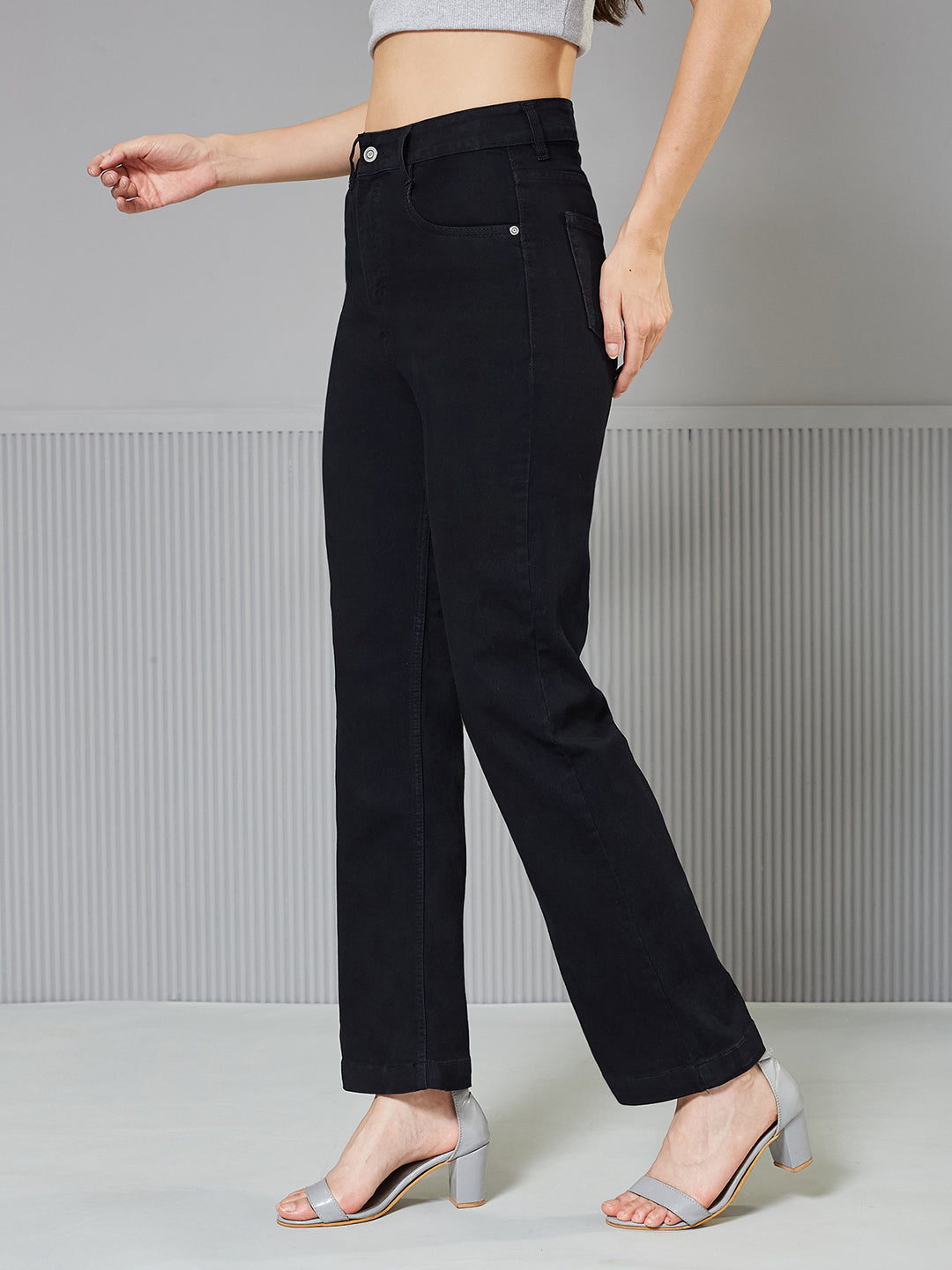 Women's Black Straight High-Rise clean-look Regular-Length Stretchable Denim Jeans