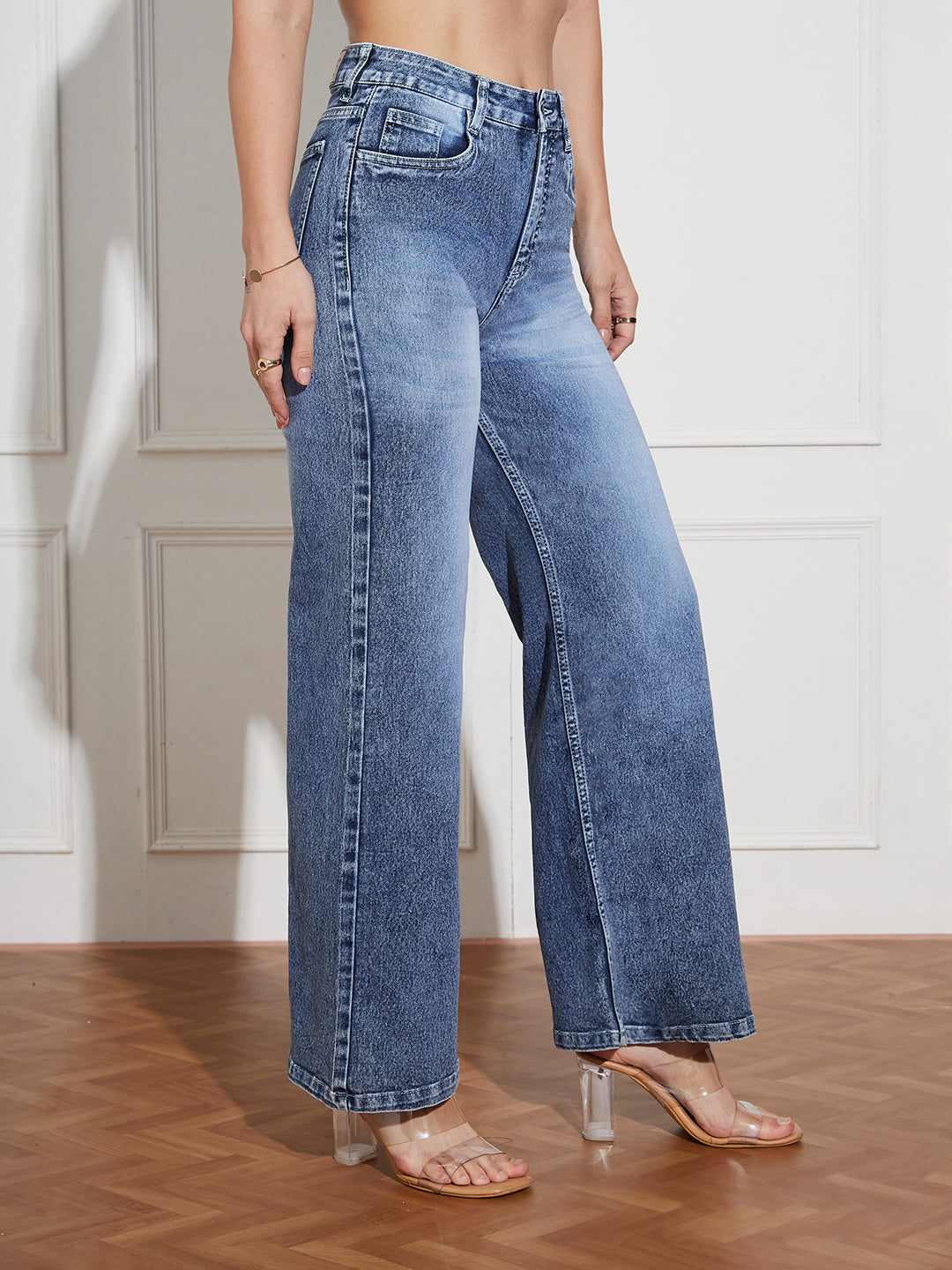 Women's Light Blue Wide-Leg High-Rise Clean-Look Regular-Length Stretchable Denim Jeans