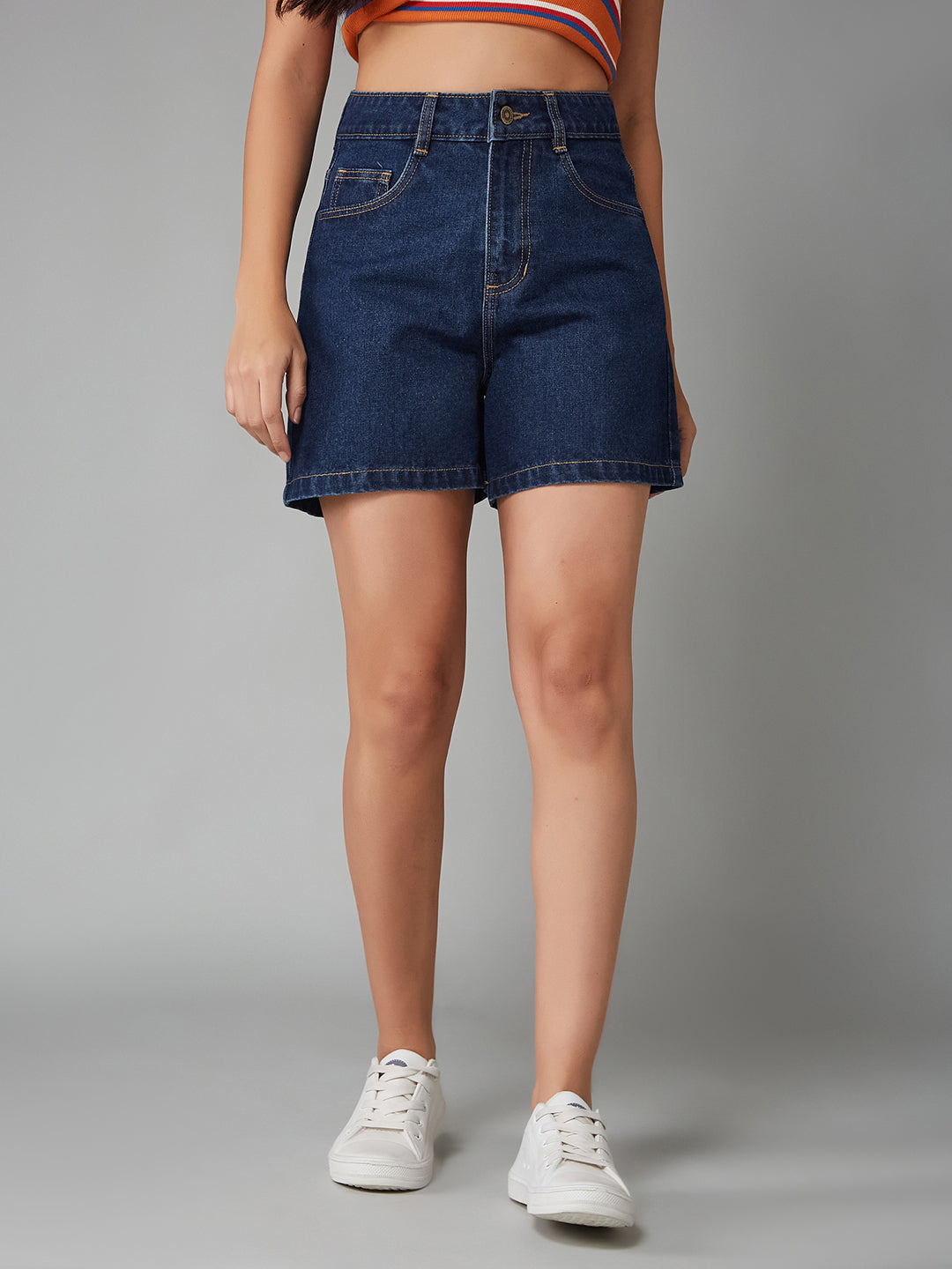 Women's Dark Blue Flared High-Rise Clean-Look Regular-Length Denim Shorts