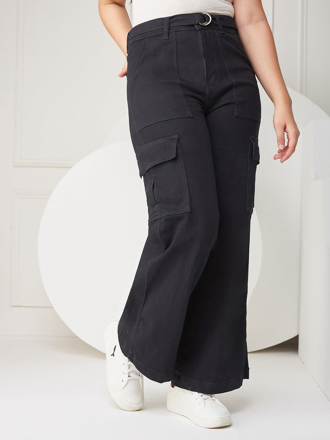 Black Wide-leg High-Rise Regular Stretchable Denim Jeans for Girls/Teenagers