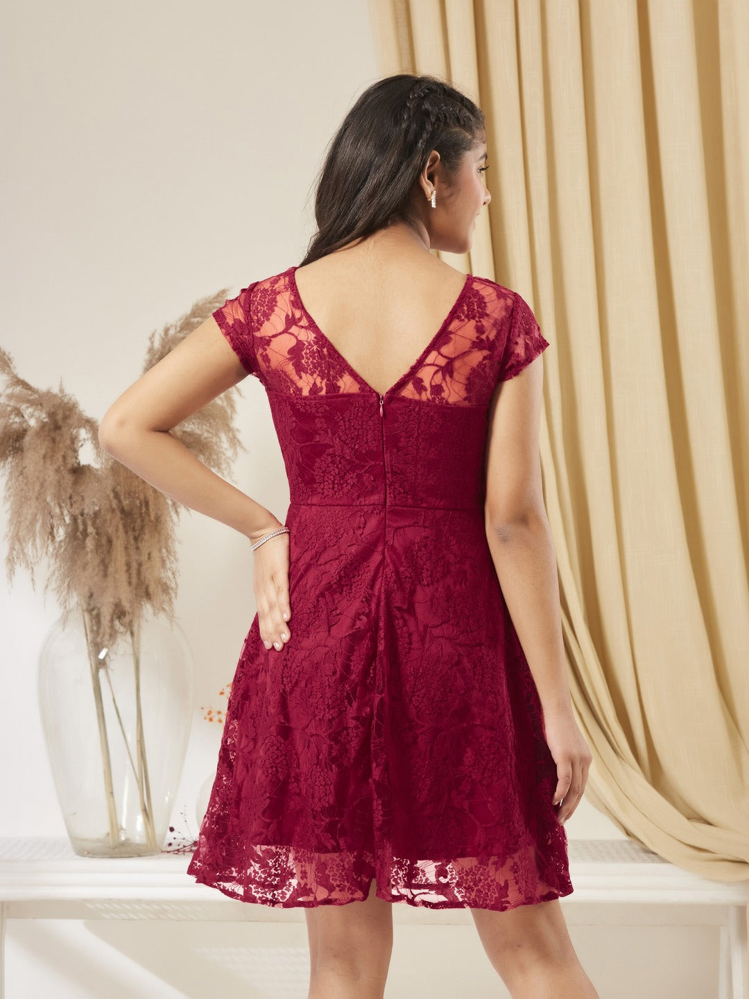 Dark Pink Round Neck Cap Sleeves Low Back Lace Skater Dress for Girls/Teenagers