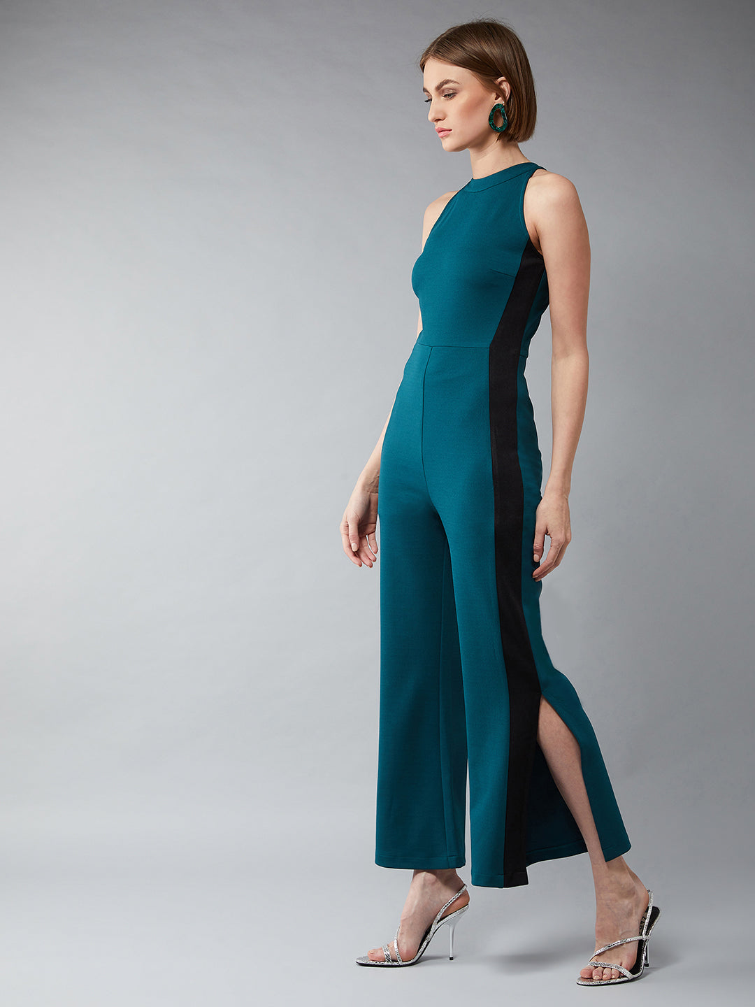 Women's Forest Green & Black Halter Neck Sleeveless Solid Flared Jumpsuit