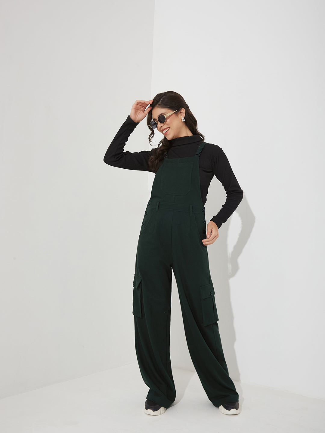 Bottle-Green Square Neck Sleeveless Solid Wide-Leg Full Length Cotton Dungaree for Women — Miss Chase