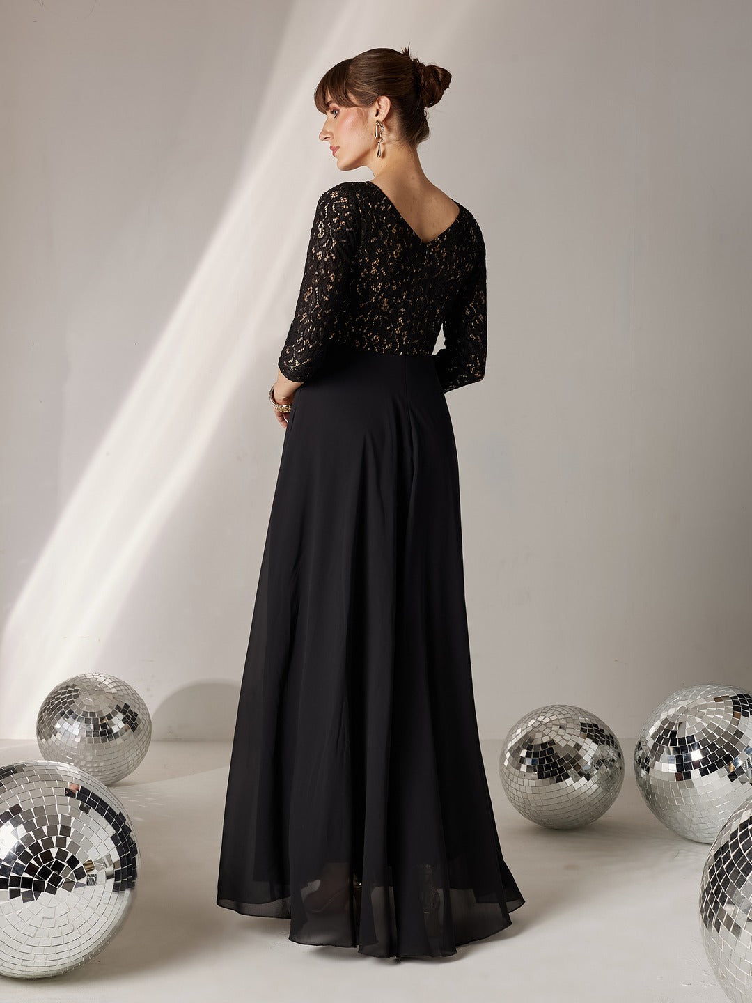 Black Self Design Boat Neck 3/4 Sleeves Side Pocketed Georgette Fit and Flare Maxi Length Dress for Women