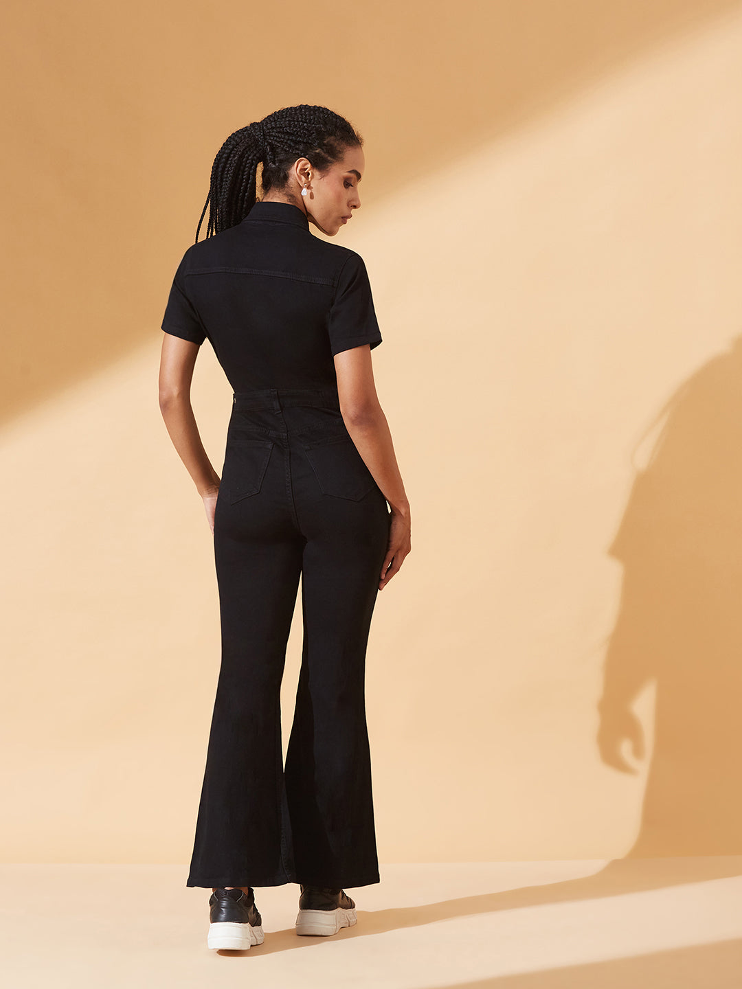 Black Flared High-Rise Stretchable Denim Jumpsuit for Women — Dolce Crudo