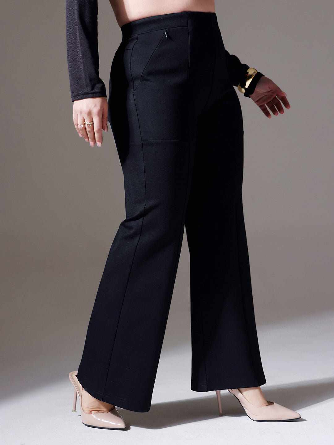 CHASEshape™ Black Solid Bootcut Regular-Length Rayon Trouser for Women