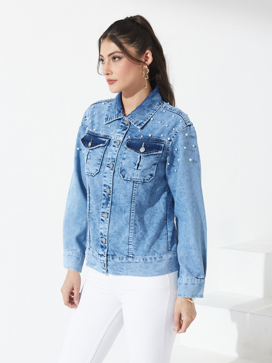Light Blue Full Sleeve Solid Embellished Pearl Denim Jacket for Women