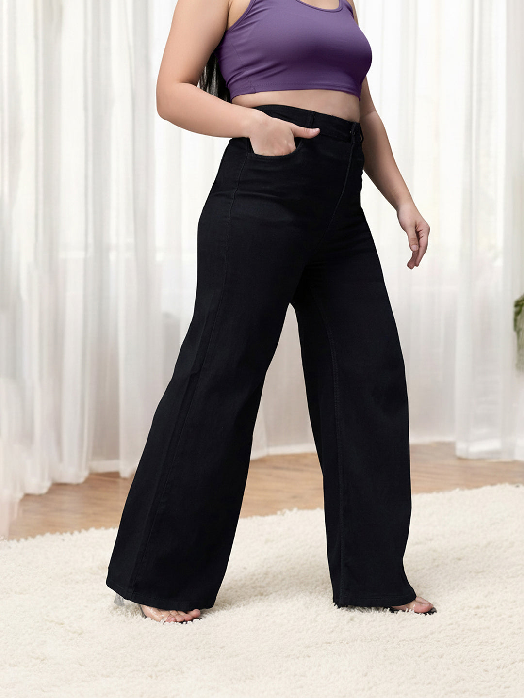 Black Wide Leg High Rise Stretchable Denim Jeans for Women
