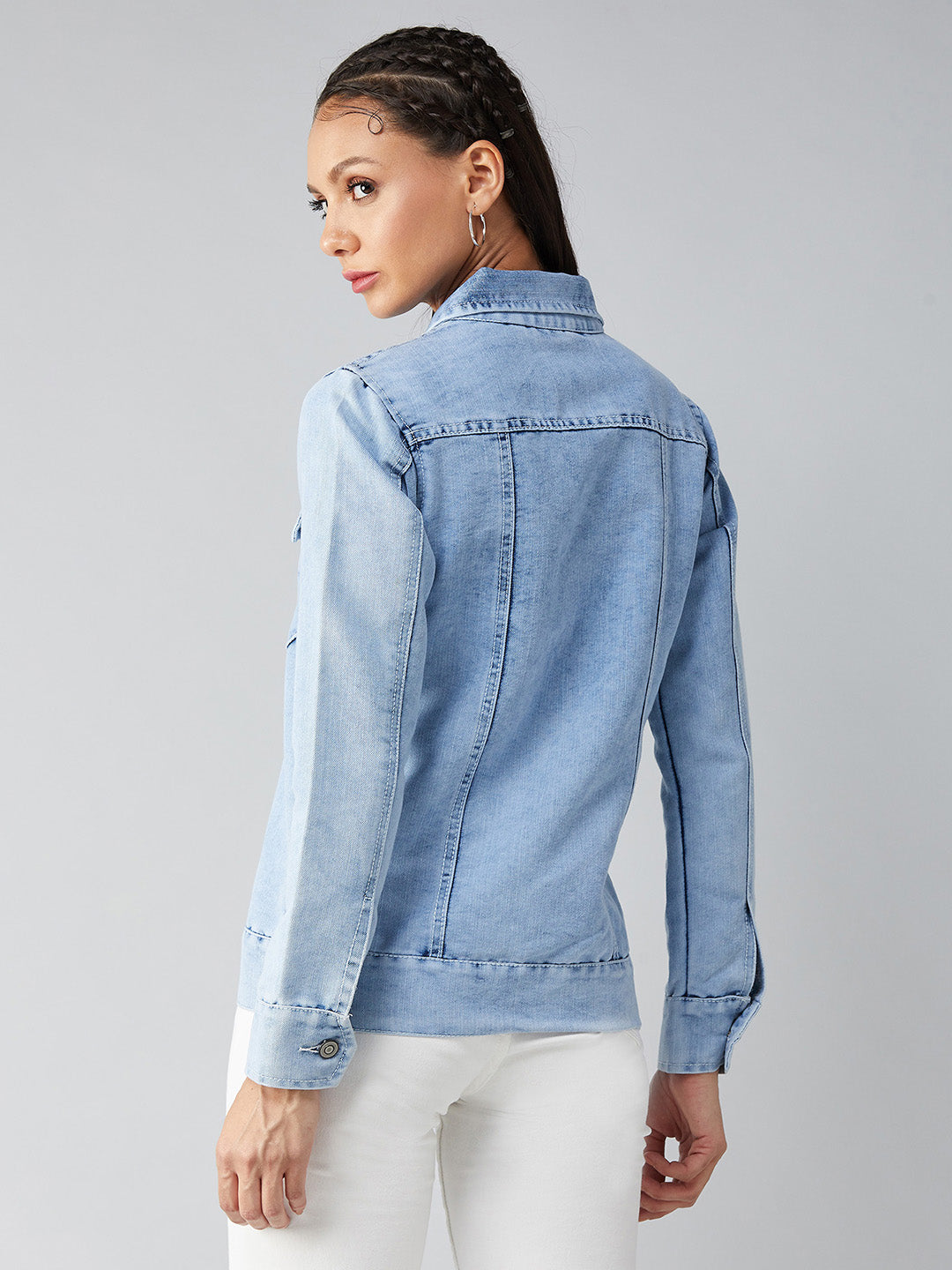 Women's Light Blue Collared Full Sleeves Solid Buttoned Denim Jacket