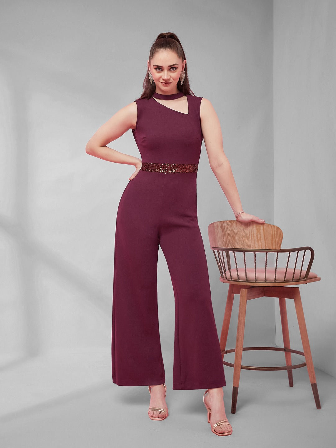 Wine Collared Sleeveless Solid Asymmetric Neck Cut-Out Regular Length Jumpsuit for Women