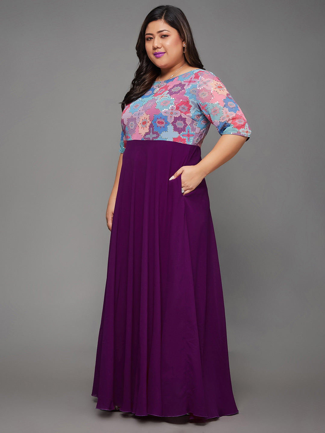 Women's Multicolored-Base-Dark Purple Boat Neck Half Sleeve Geometric Fit & Flare Georgette Maxi Dress