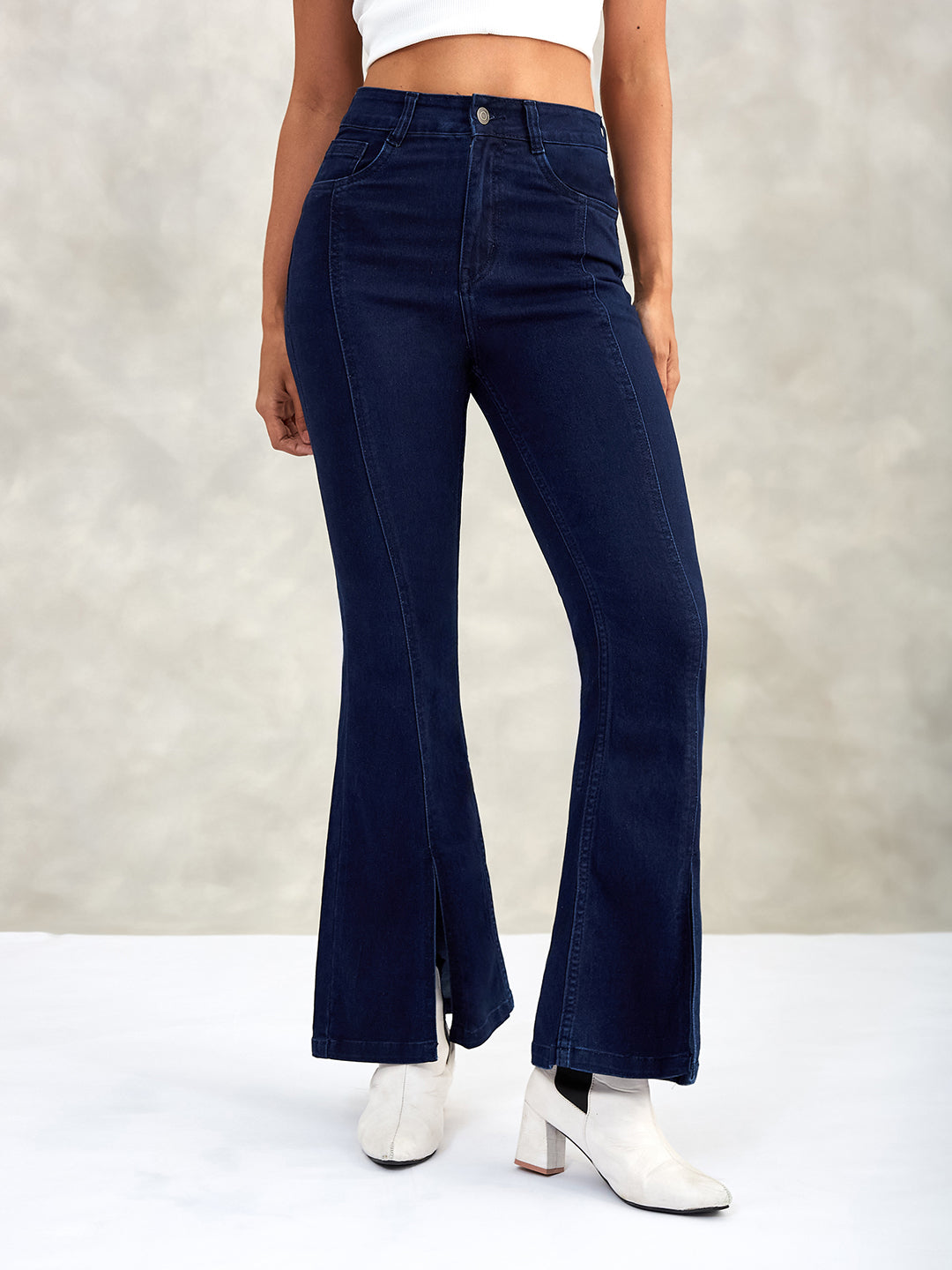 Women's Navy Blue Bootcut High-Rise Stretchable Denim Jeans