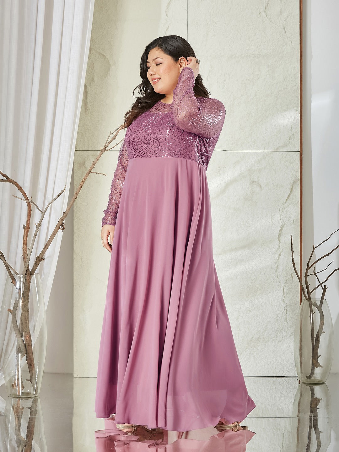 Dusty Lavender Solid Embellished Maxi Dress for Women