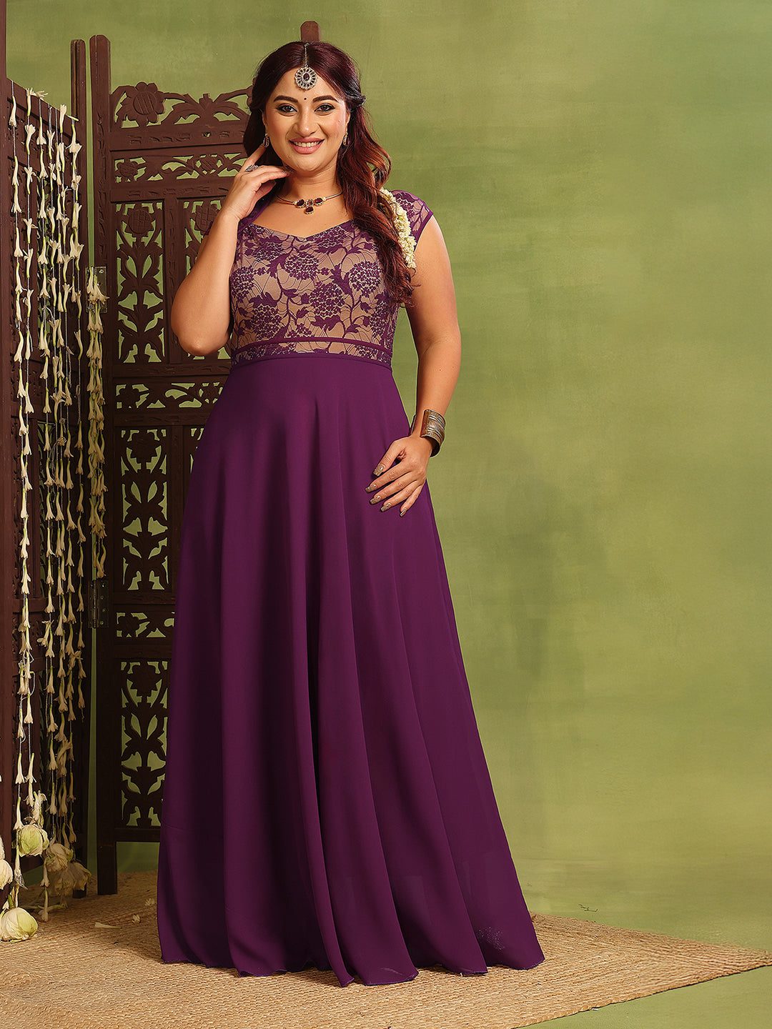Women's Dark Purple Sweet-Heart Neck Cap-Sleeve Floral Fit & Flare Georgette Maxi Dress