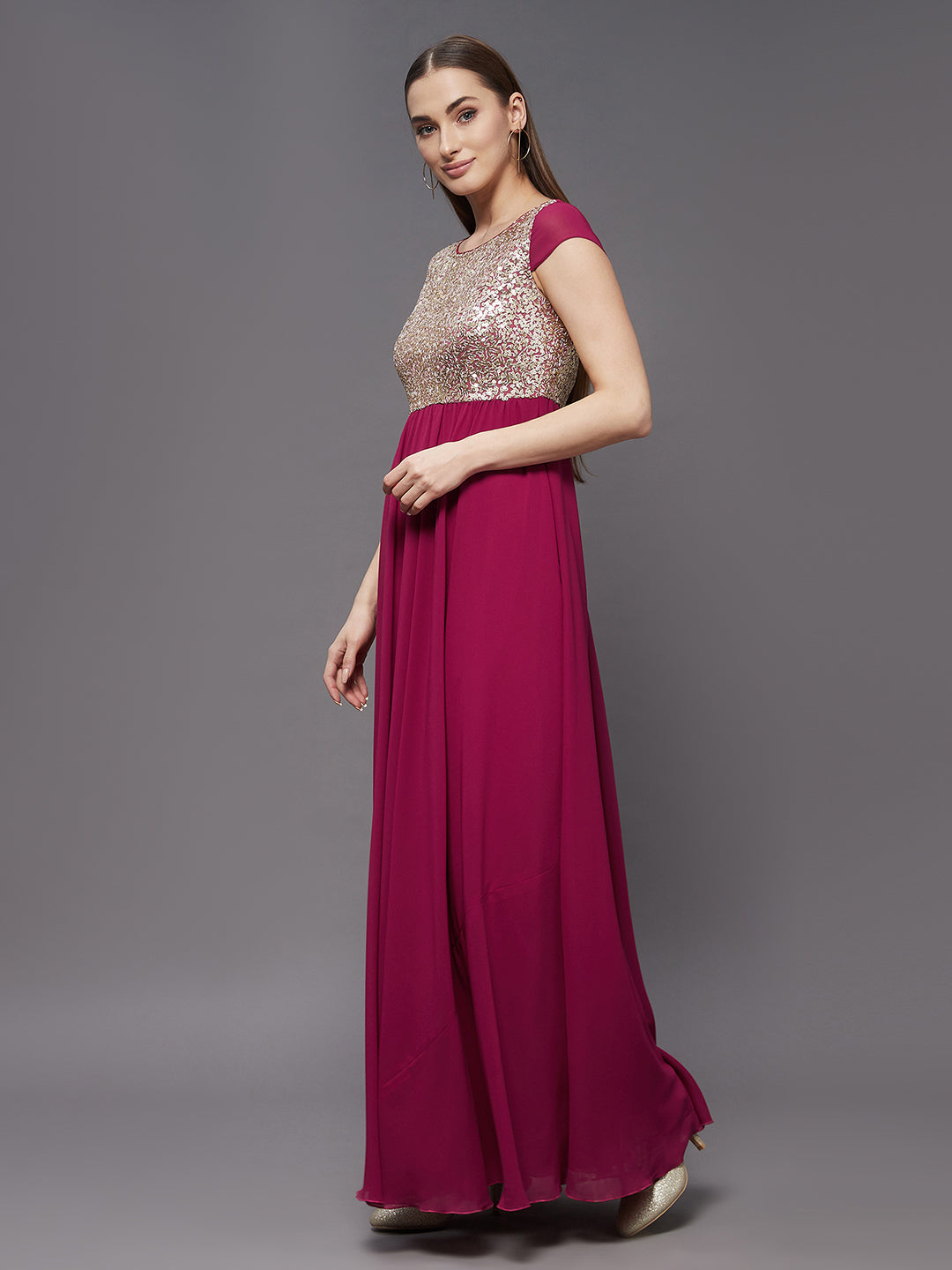 Women's Pink & Golden Round Neck Cap Sleeve Embellished Fit & Flare Maxi Dress