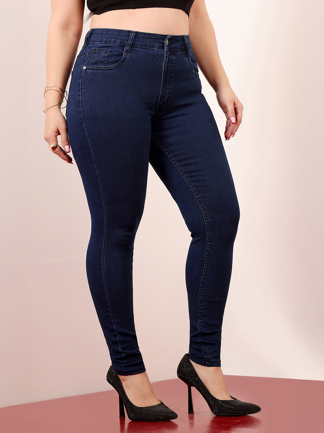 Women's Navy Blue Skinny-Fit Mid Rise Regular-Length Denim Stretchable Jeans
