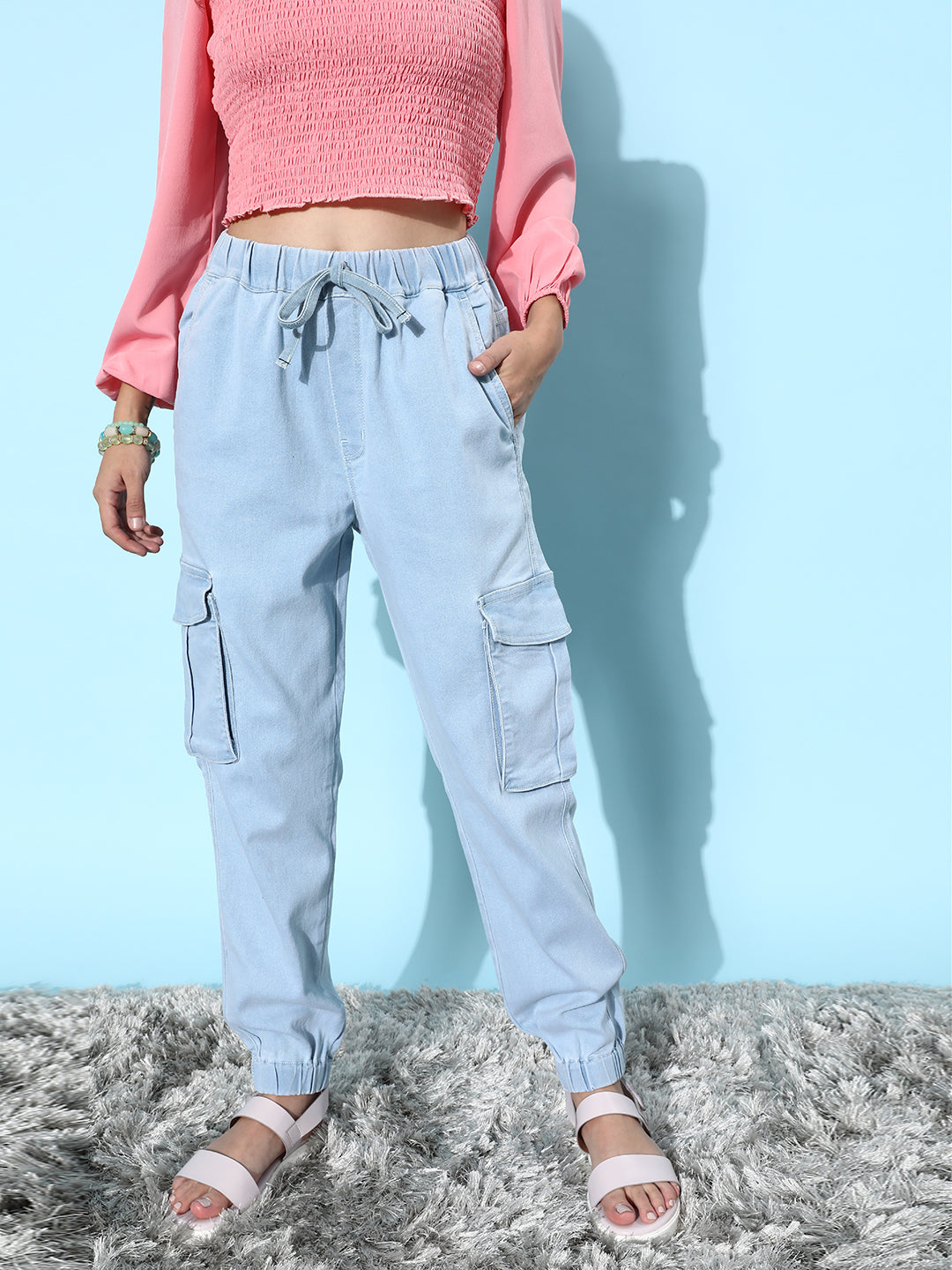 Women's Light Blue Regular High-Rise Clean-Look Regular Stretchable Denim Joggers