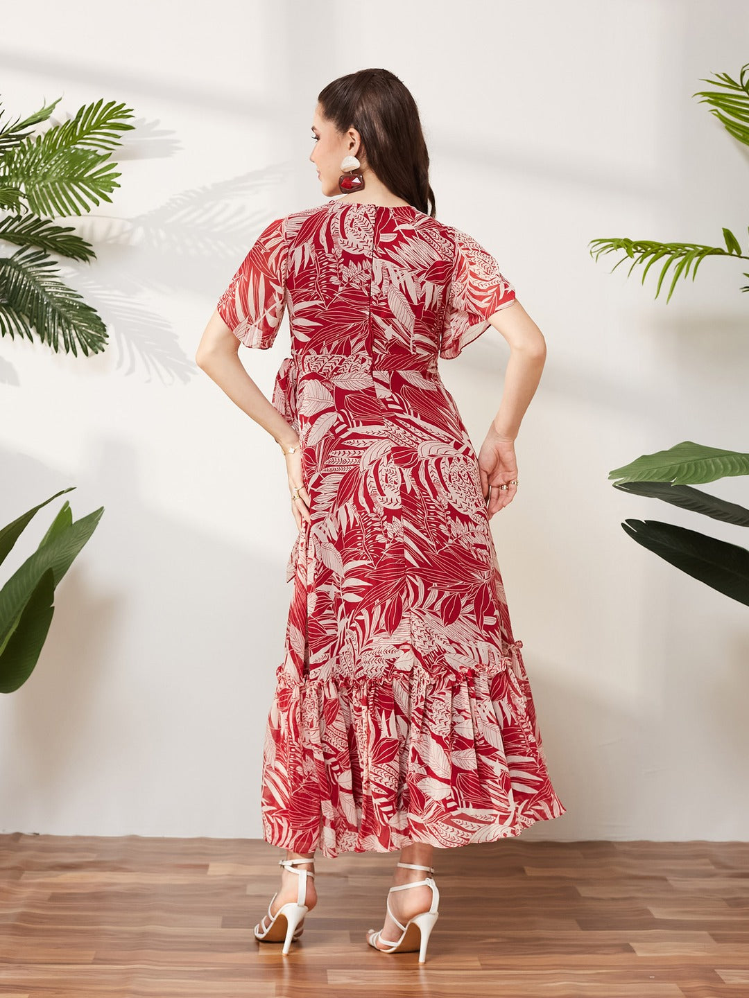 Maroon V Neck Flared Sleeve Floral Wrap Maxi Dress for Women