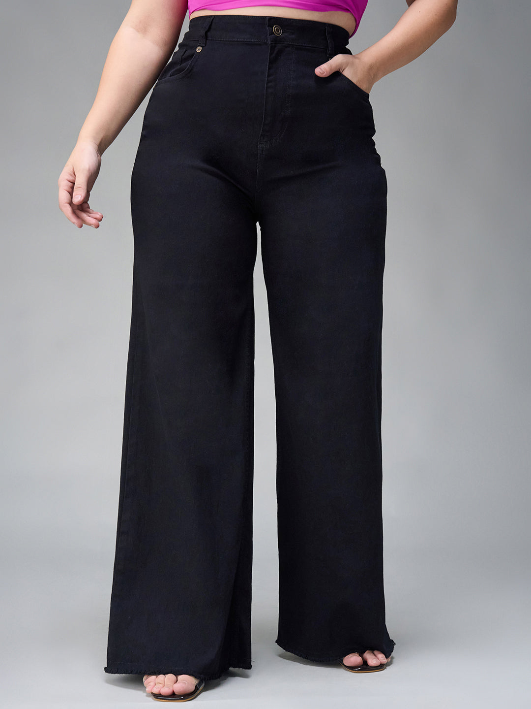 Women's Black High Rise Stretchable Wide Leg Denim Jeans