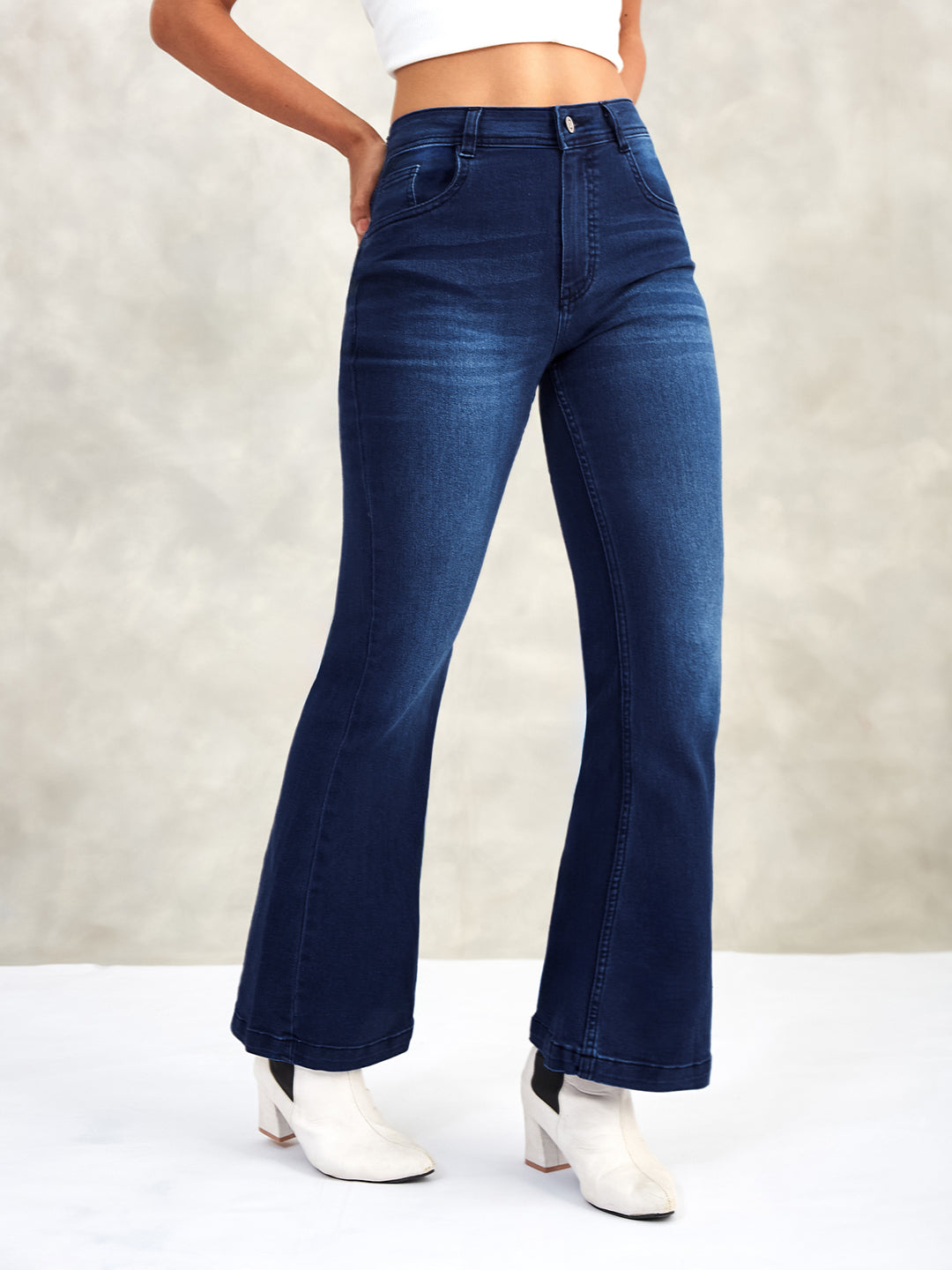 Women's Navy Blue High-Rise Stretchable Flared Denim Jeans