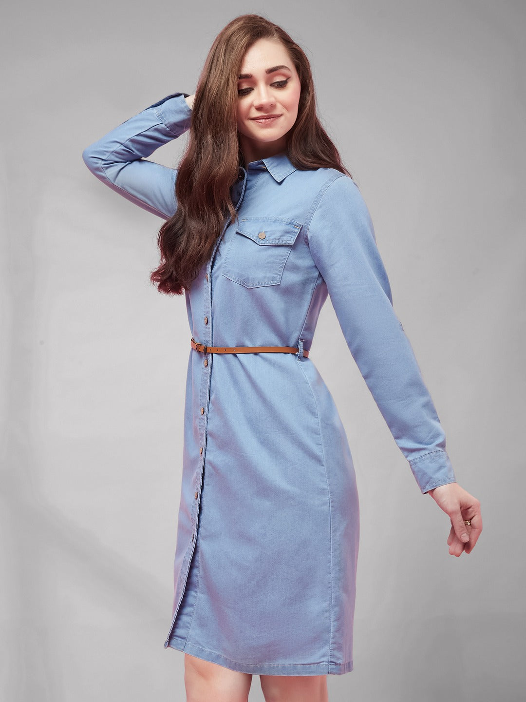 Blue Polo Neck Rolled Up Full Sleeve Denim Solid Buttoned A-Line Mini Dress for Women