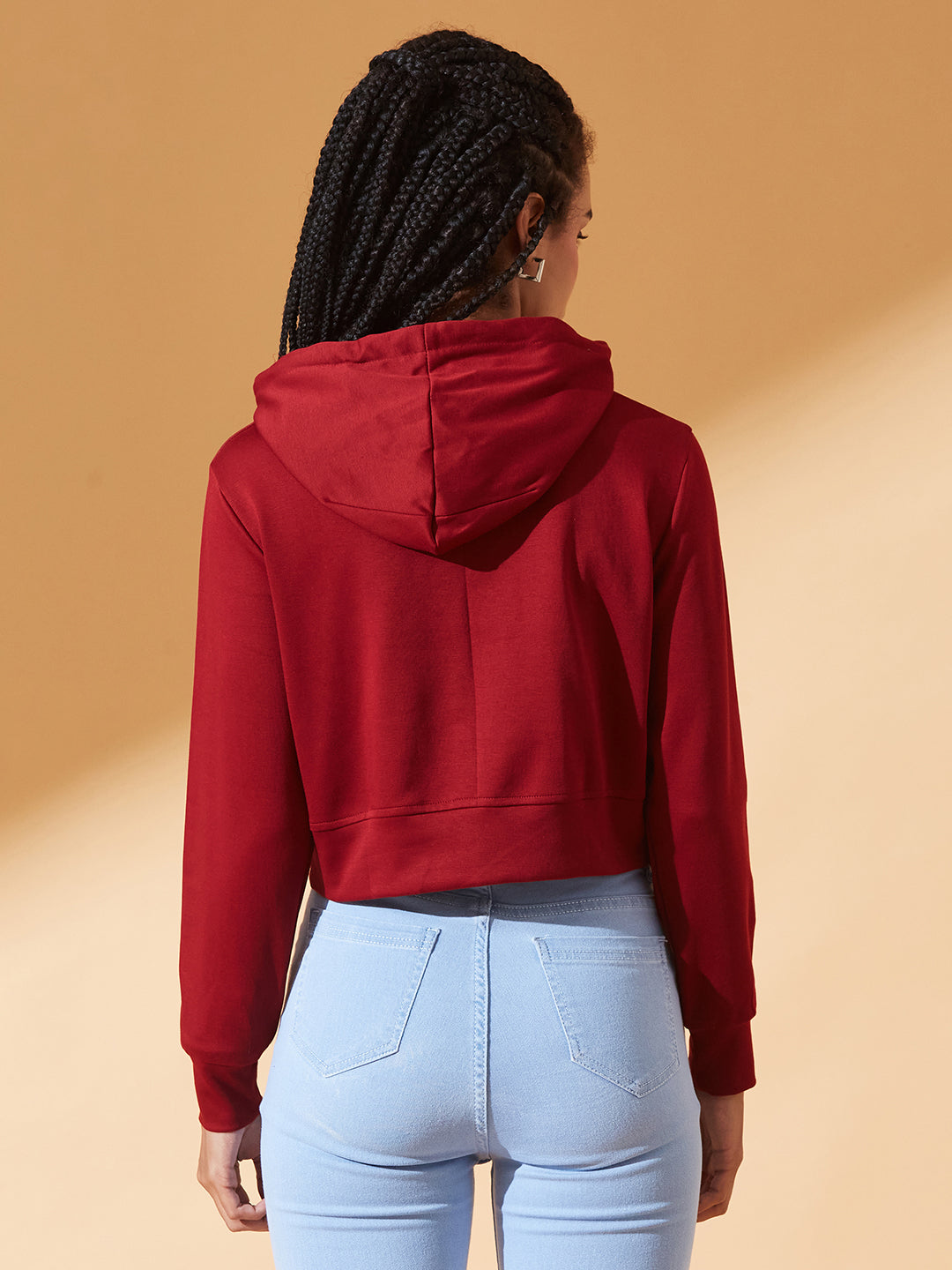 Maroon Solid Round Neck Full Sleeve Hooded Boxy Crop Sweatshirt for Women