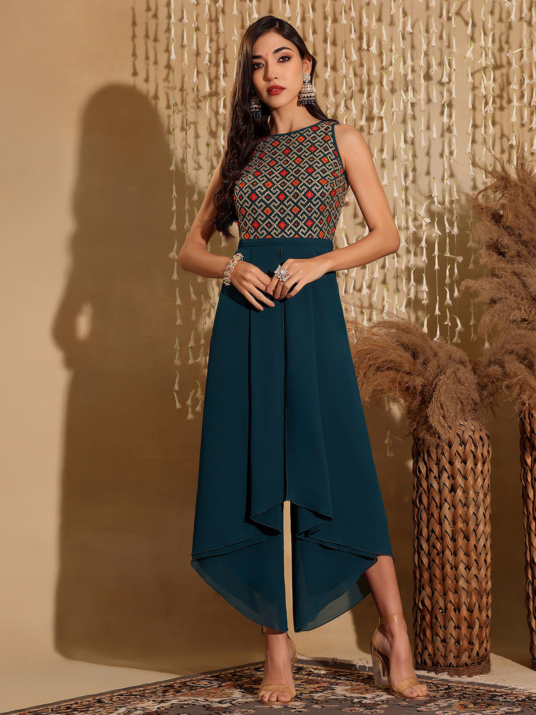 Women's Multicolored- Base- Teal Round Neck Sleeveless Embroidered Regular Jumpsuit