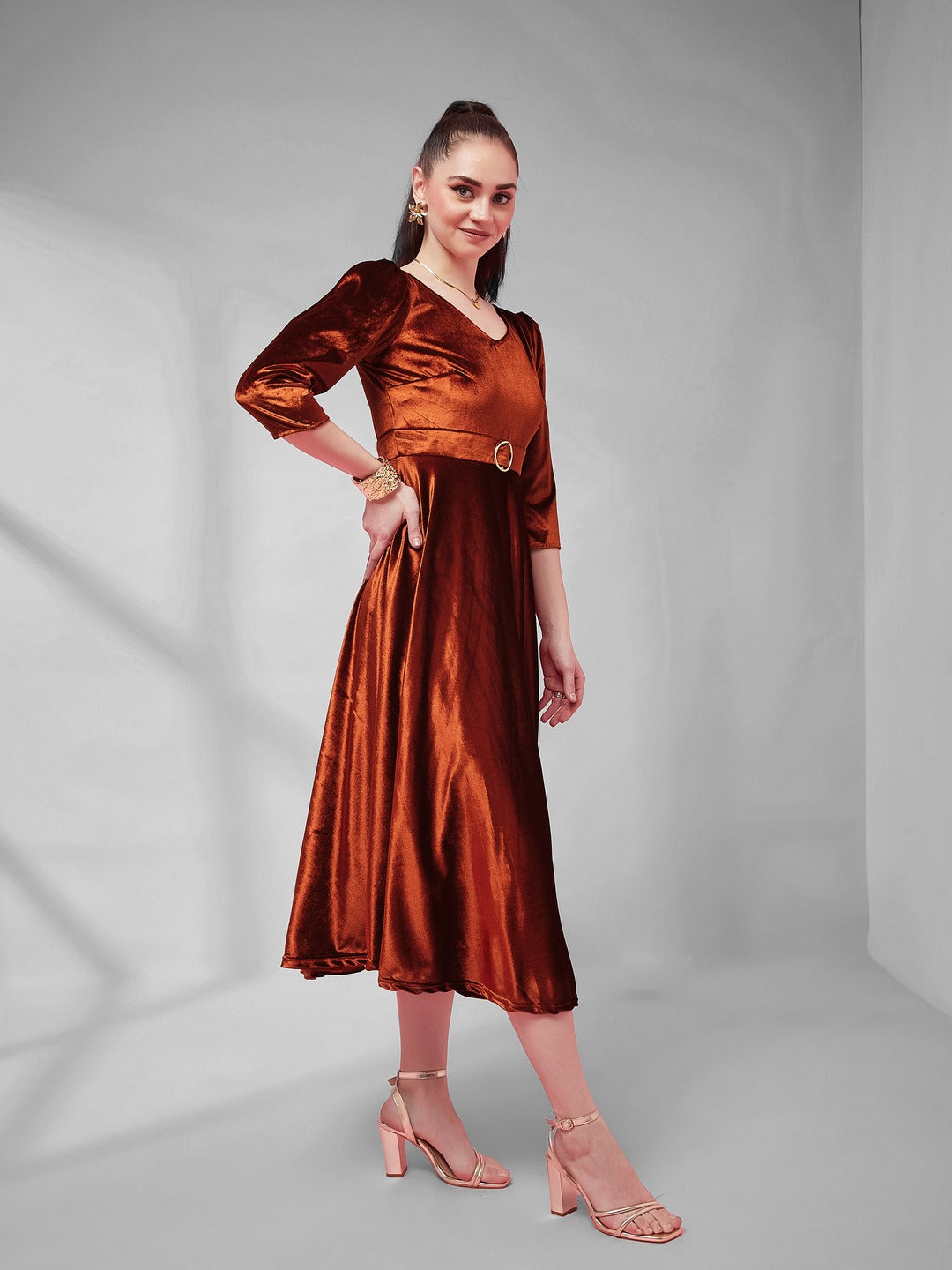 Rust V-Neck Three-Quarter Sleeve Solid Fit & Flare Midi Velvet Dress for Women