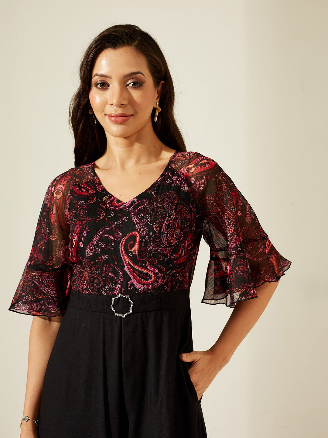 Pink and Black V-Neck Ruffled Sleeve Wide-Leg Printed Jumpsuit for Women for Women