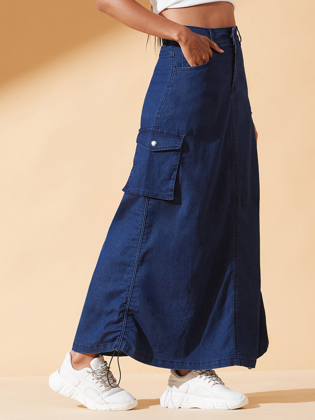 Navy Blue Baggy High-Rise Ruched Parachute Stretchable Denim Midi Skirt for Women