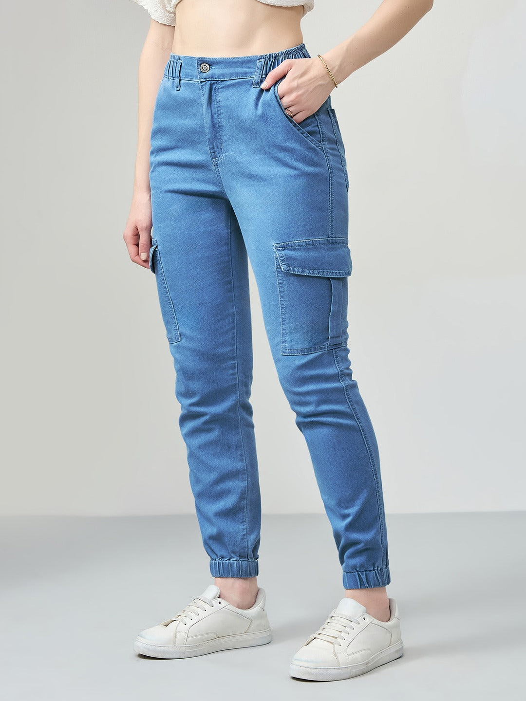 Light Blue Regular high-rise Regular Stretchable Light Weight Denim joggers for Women