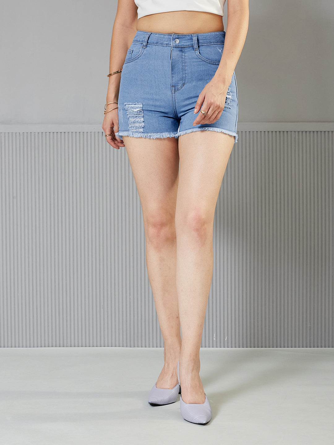 Women's Blue Relaxed Fit Highly Distressed Mid-Rise Ripped Denim Shorts