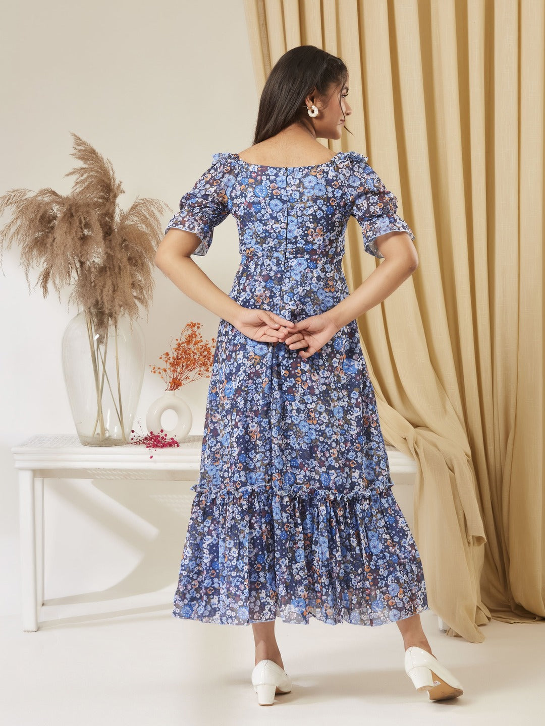 Navy Blue V-Neck Puff Sleeve Floral Ruching Ankle-Length Dress for Girls/Teenagers