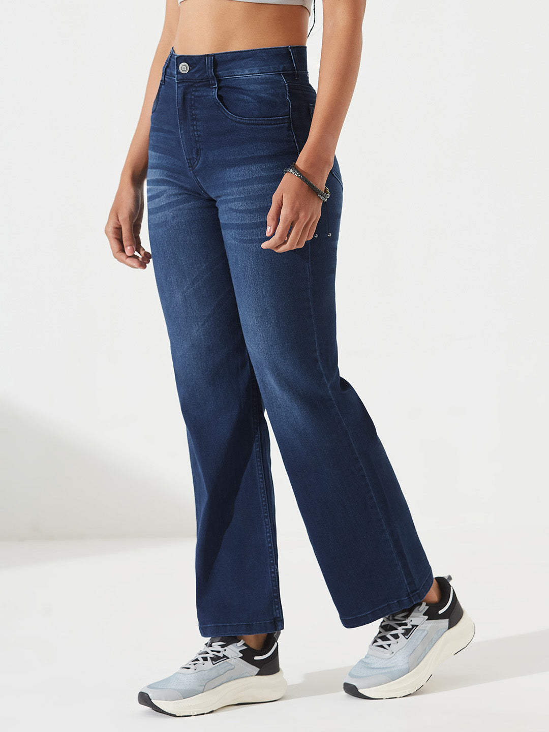 POWER STRETCH Navy Blue Straight-Fit Mid-Rise Denim Jeans For Women